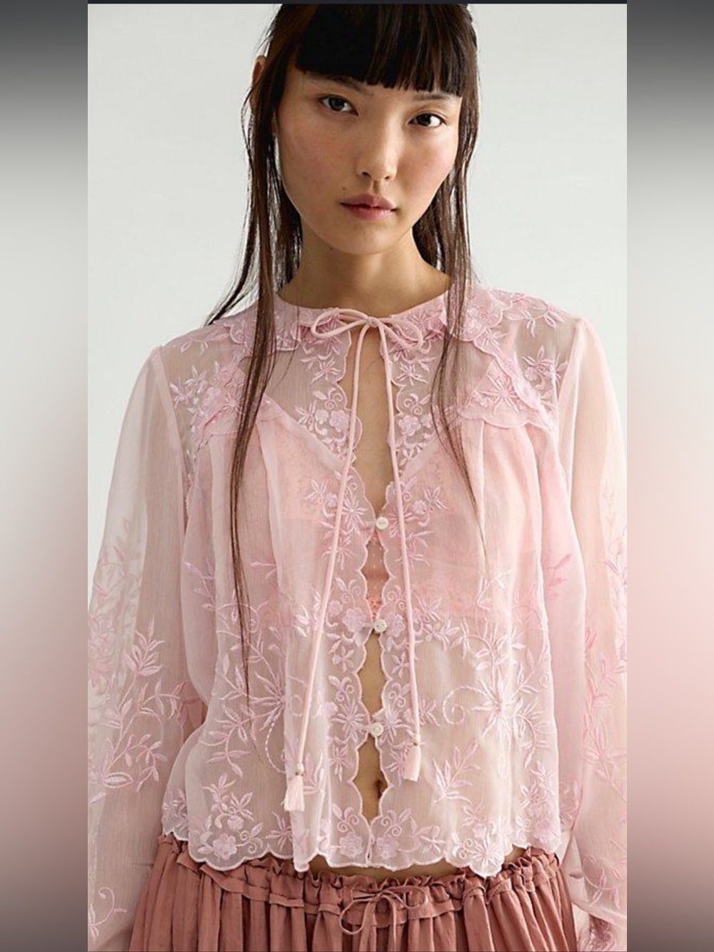 Free People Dreamer Girl Embroidered Blouse Sheer Lace Boho Flowy Baby Pink